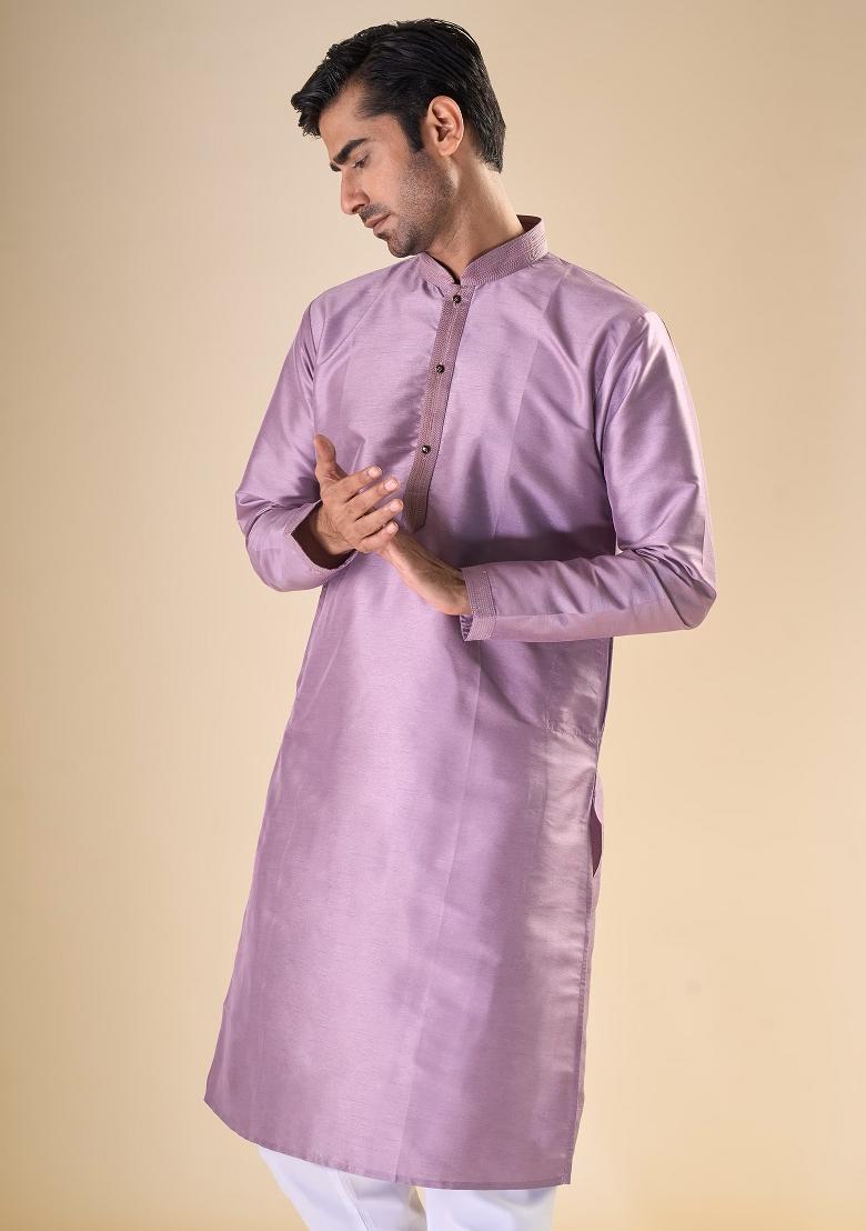 Light Purple Printed Silk Kurta Set For Men - Indya