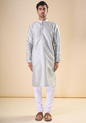 Light Grey Printed Silk Kurta Set For Men