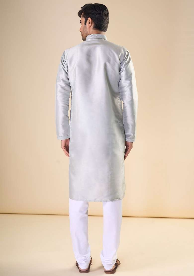 Light Grey Printed Silk Blend Kurta Set For Men - Indya