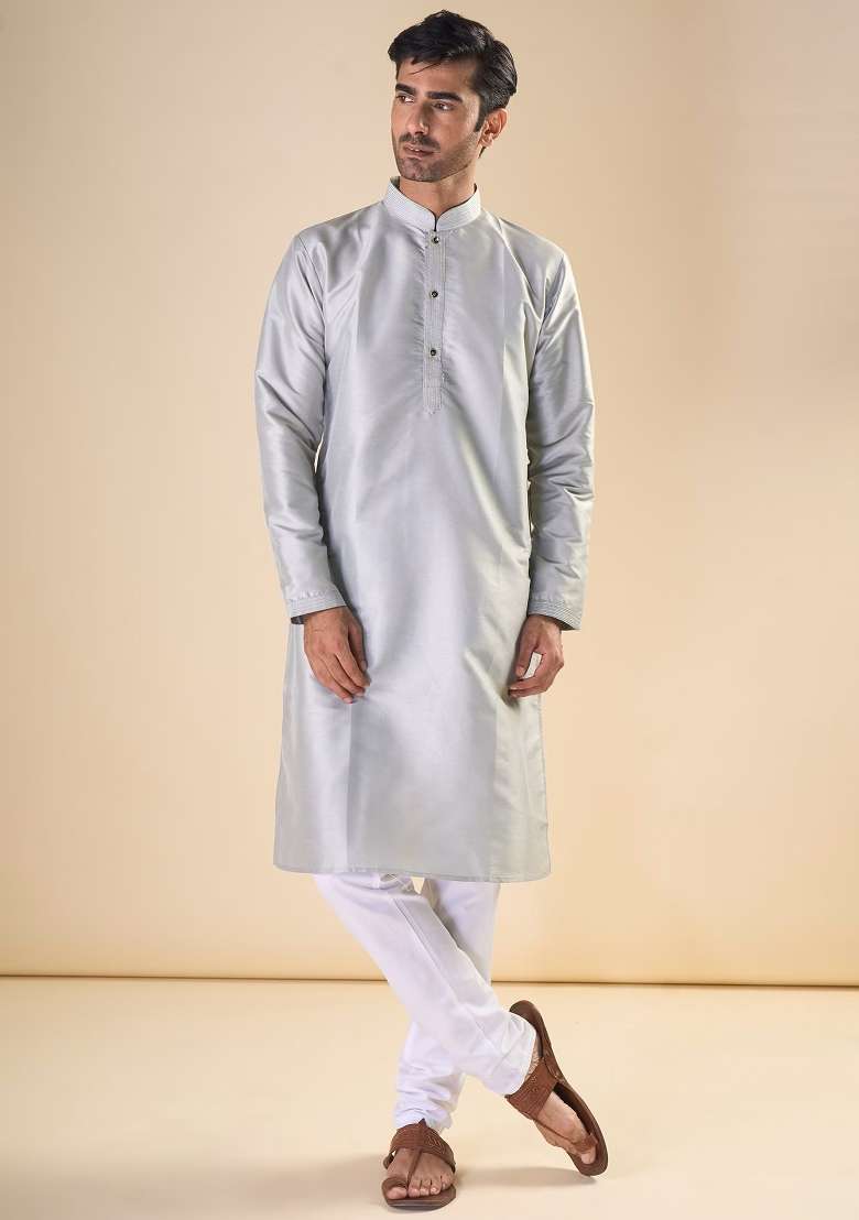 Light Grey Printed Silk Blend Kurta Set For Men - Indya