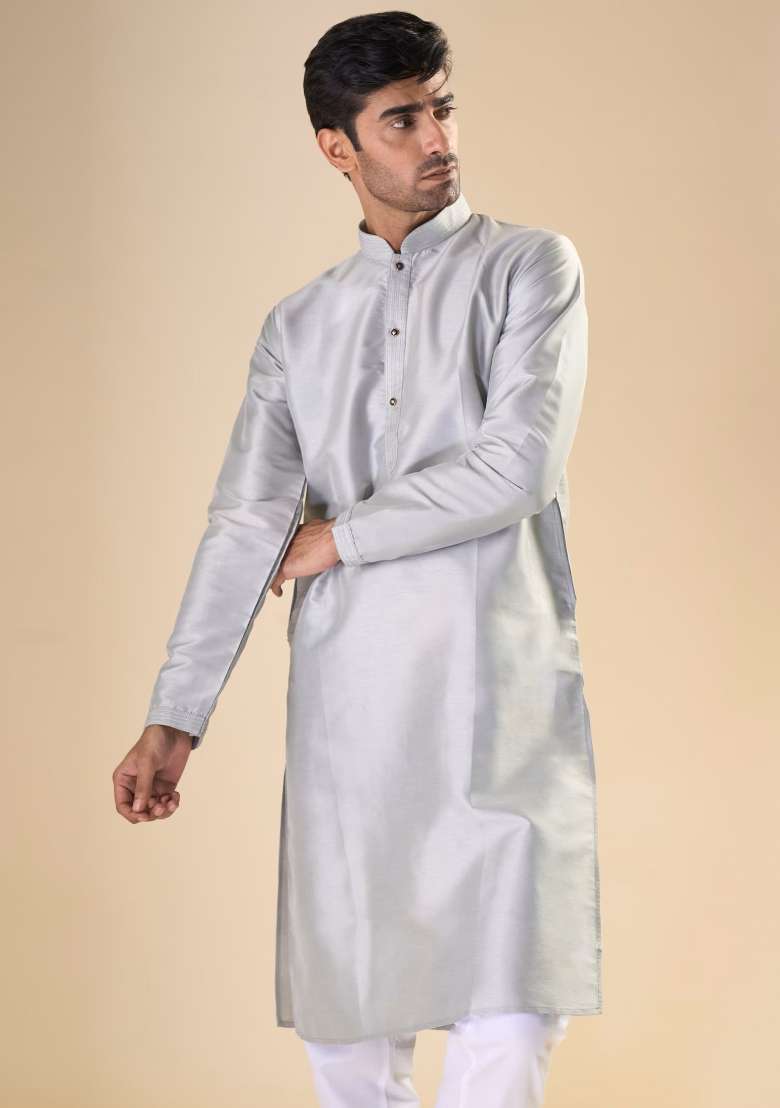 Light Grey Printed Silk Blend Kurta Set For Men - Indya