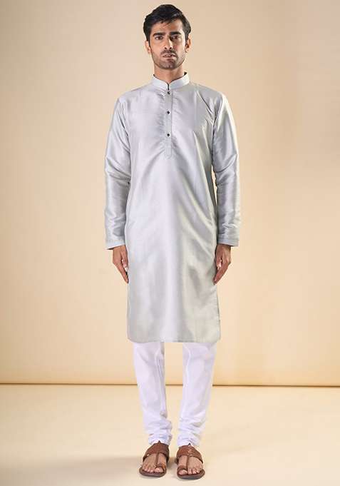 Light Grey Printed Silk Blend Kurta Set For Men