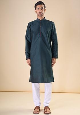 Green Printed Silk Kurta Set For Men