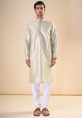 Cream Printed Silk Kurta Set For Men
