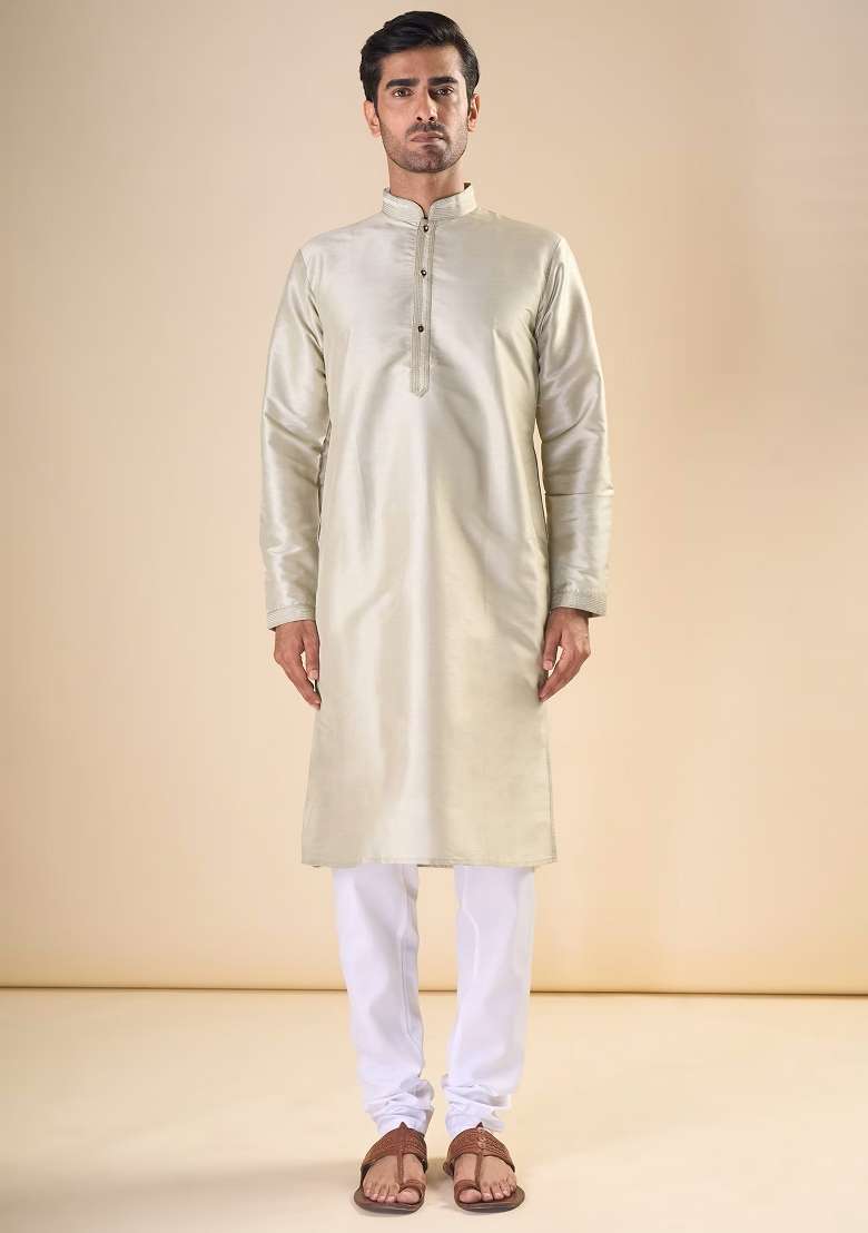 Cream Printed Silk Blend Kurta Set For Men - Indya