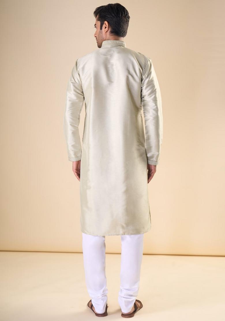 Cream Printed Silk Kurta Set For Men - Indya