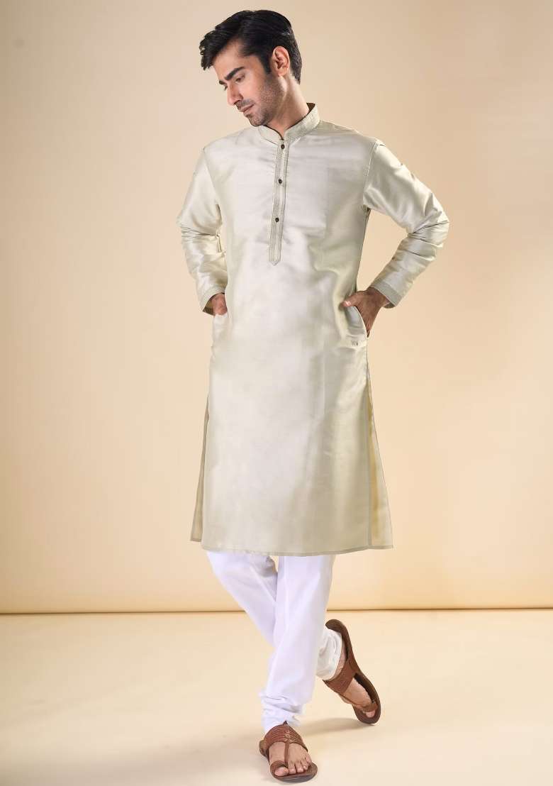 Cream Printed Silk Blend Kurta Set For Men - Indya