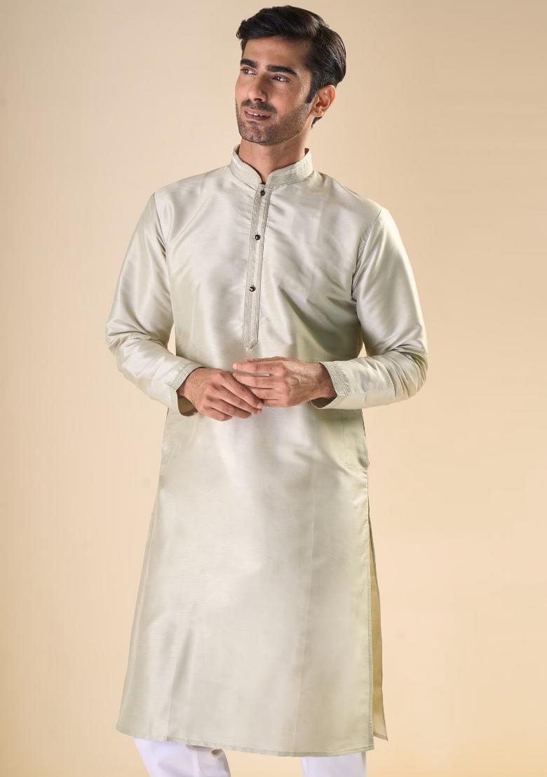 Cream Printed Silk Kurta Set For Men - Indya