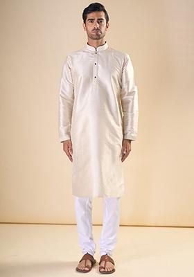 Cream Printed Silk Kurta Set For Men