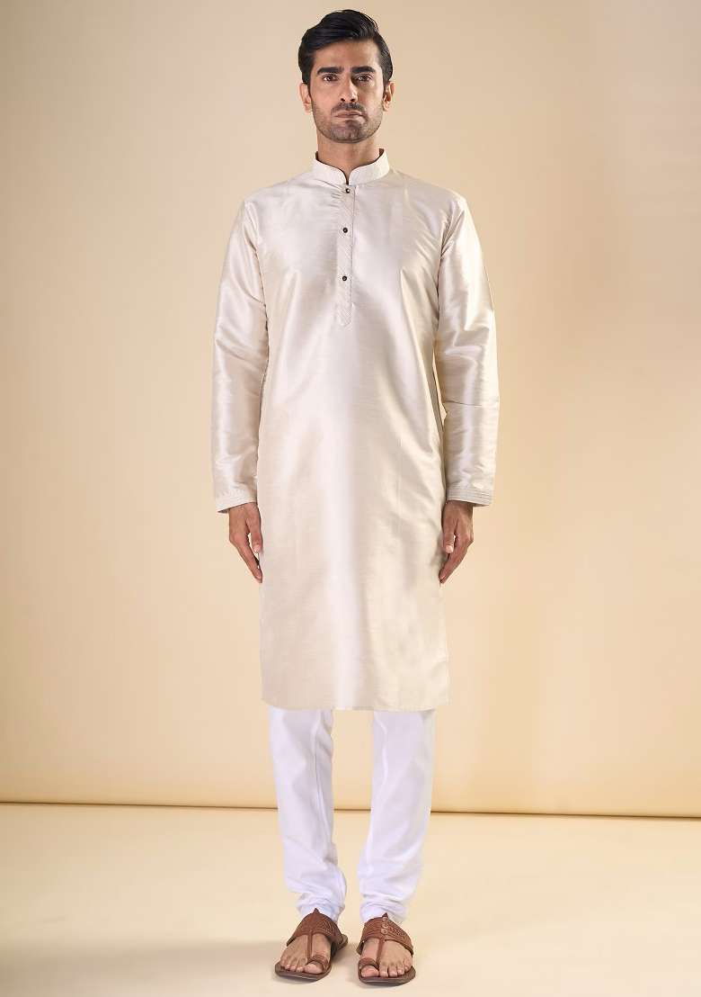 Cream Printed Silk Blend Kurta Set For Men - Indya