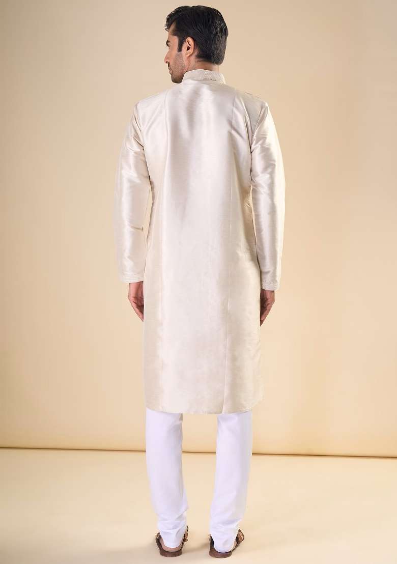 Cream Printed Silk Blend Kurta Set For Men - Indya