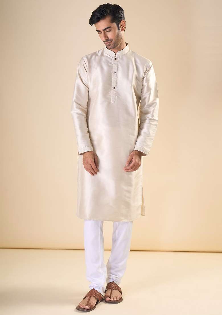Cream Printed Silk Blend Kurta Set For Men - Indya