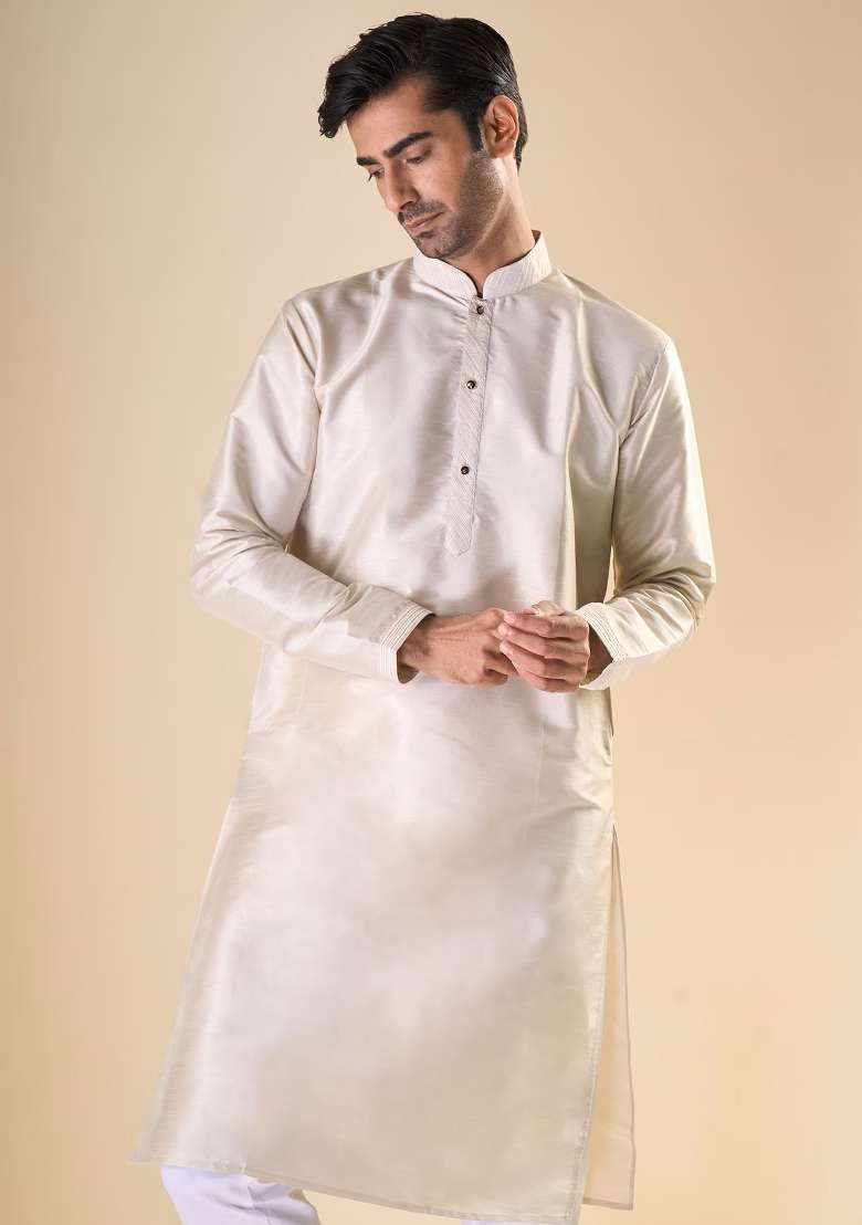 Cream Printed Silk Blend Kurta Set For Men - Indya