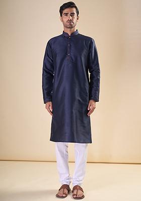 Blue Printed Silk Kurta Set For Men
