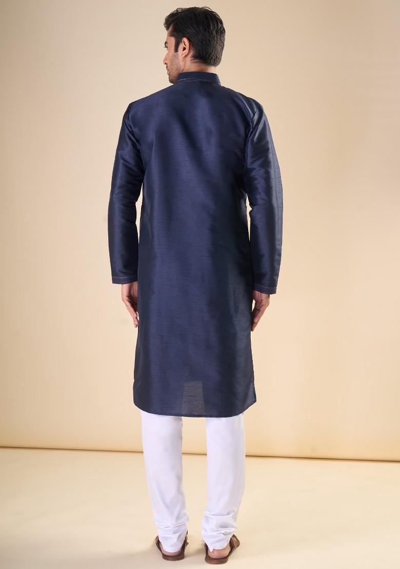 Blue Printed Silk Kurta Set For Men - Indya