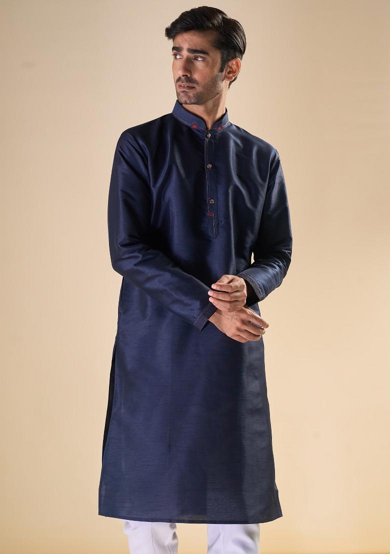 Blue Printed Silk Kurta Set For Men - Indya