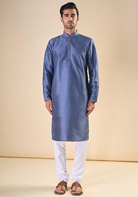 Grey Printed Silk Kurta Set For Men