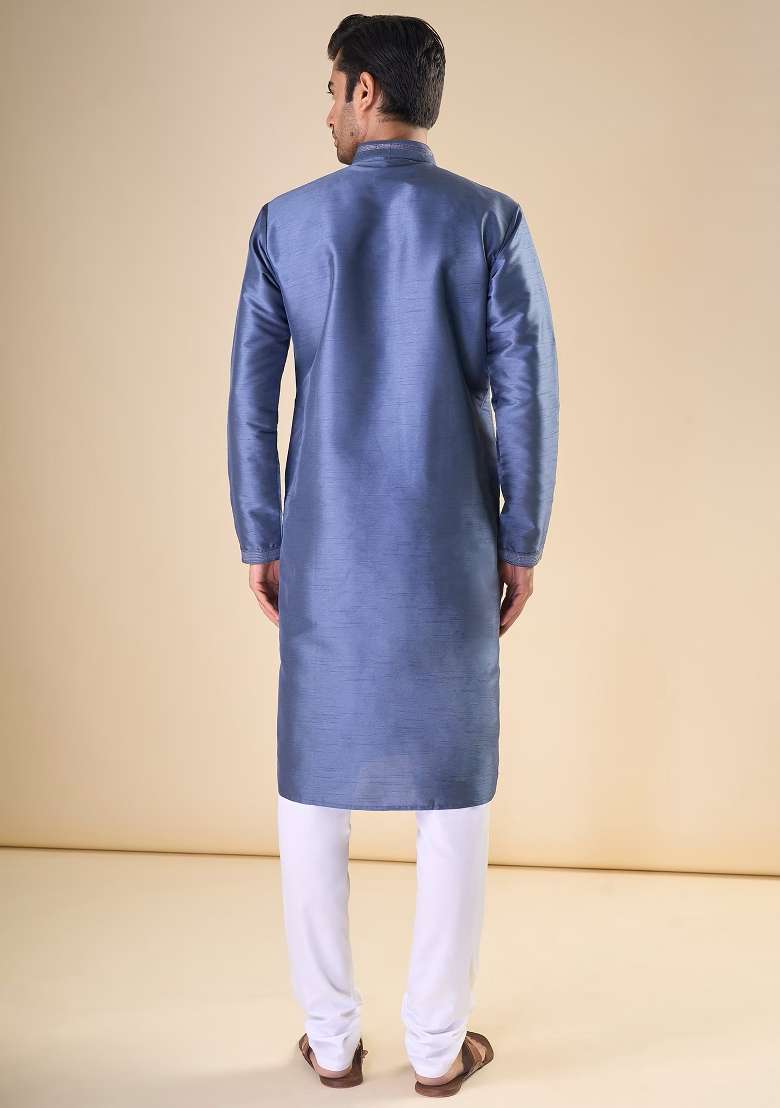 Grey Printed Silk Blend Kurta Set For Men - Indya