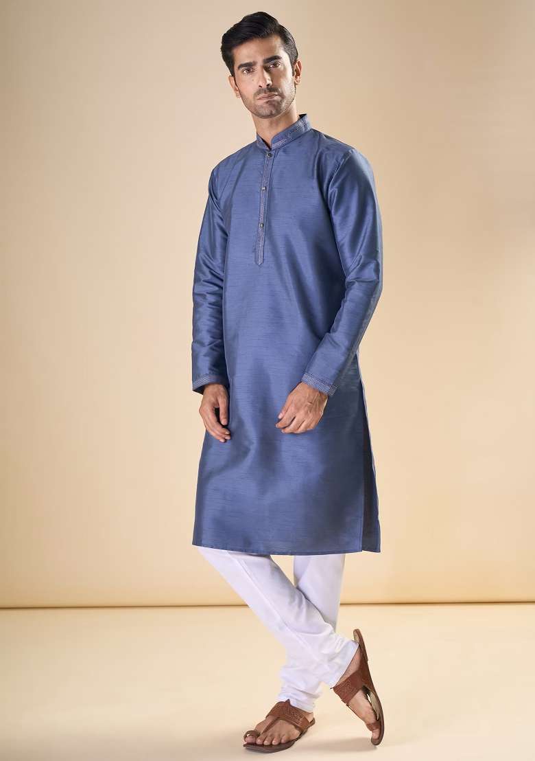 Grey Printed Silk Blend Kurta Set For Men - Indya