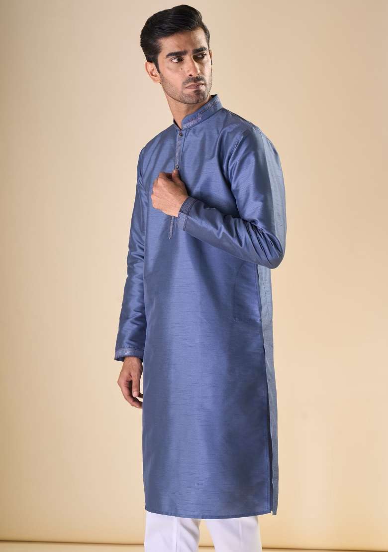 Grey Printed Silk Blend Kurta Set For Men - Indya