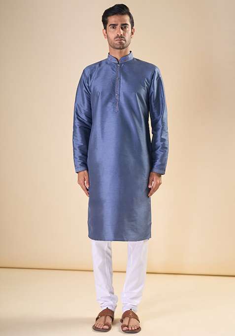 Grey Printed Silk Blend Kurta Set For Men