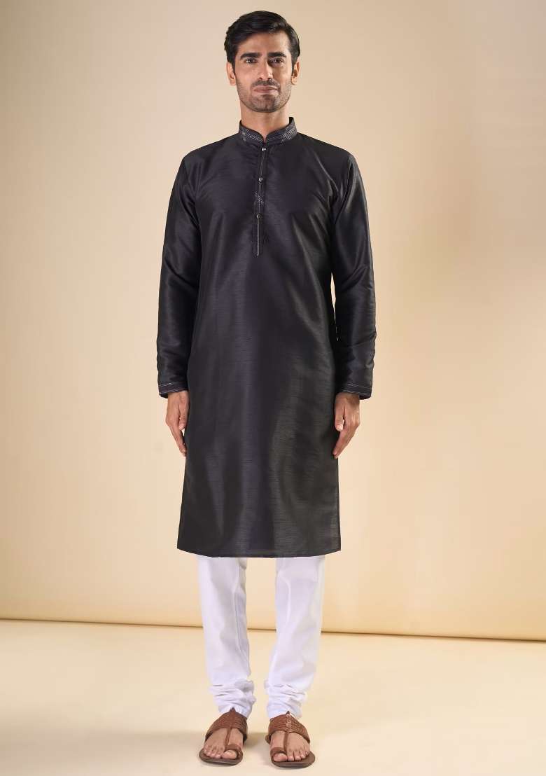 Black Printed Silk Blend Kurta Set For Men - Indya