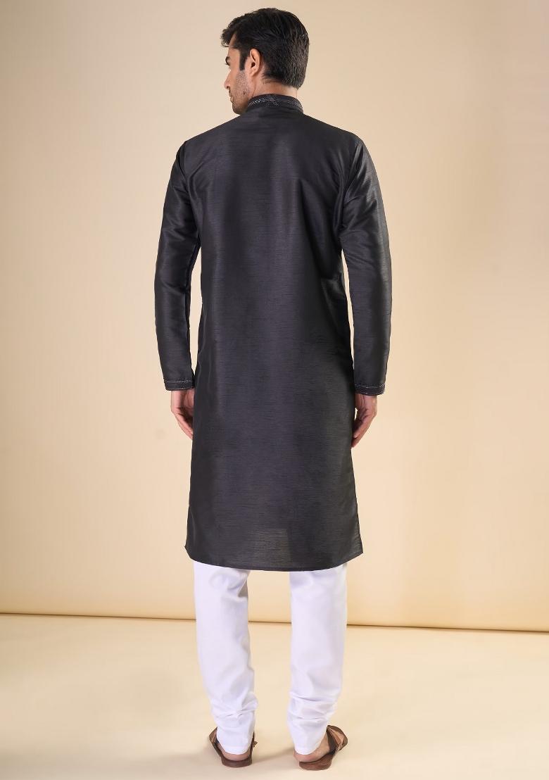 Black Printed Silk Kurta Set For Men - Indya