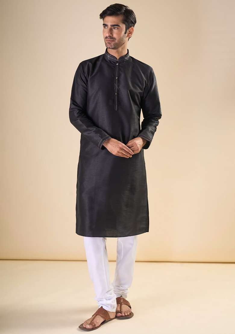 Black Printed Silk Blend Kurta Set For Men - Indya