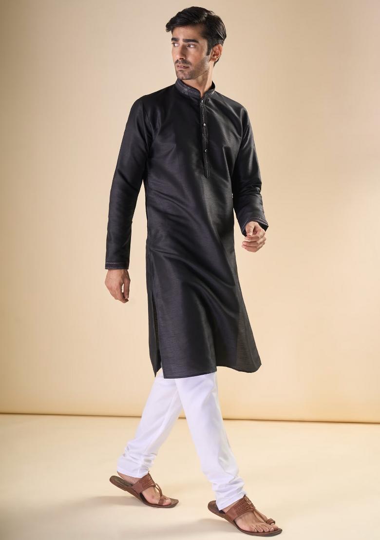 Black Printed Silk Kurta Set For Men - Indya