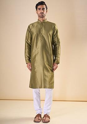 Mehandi Green Printed Silk Kurta Set For Men