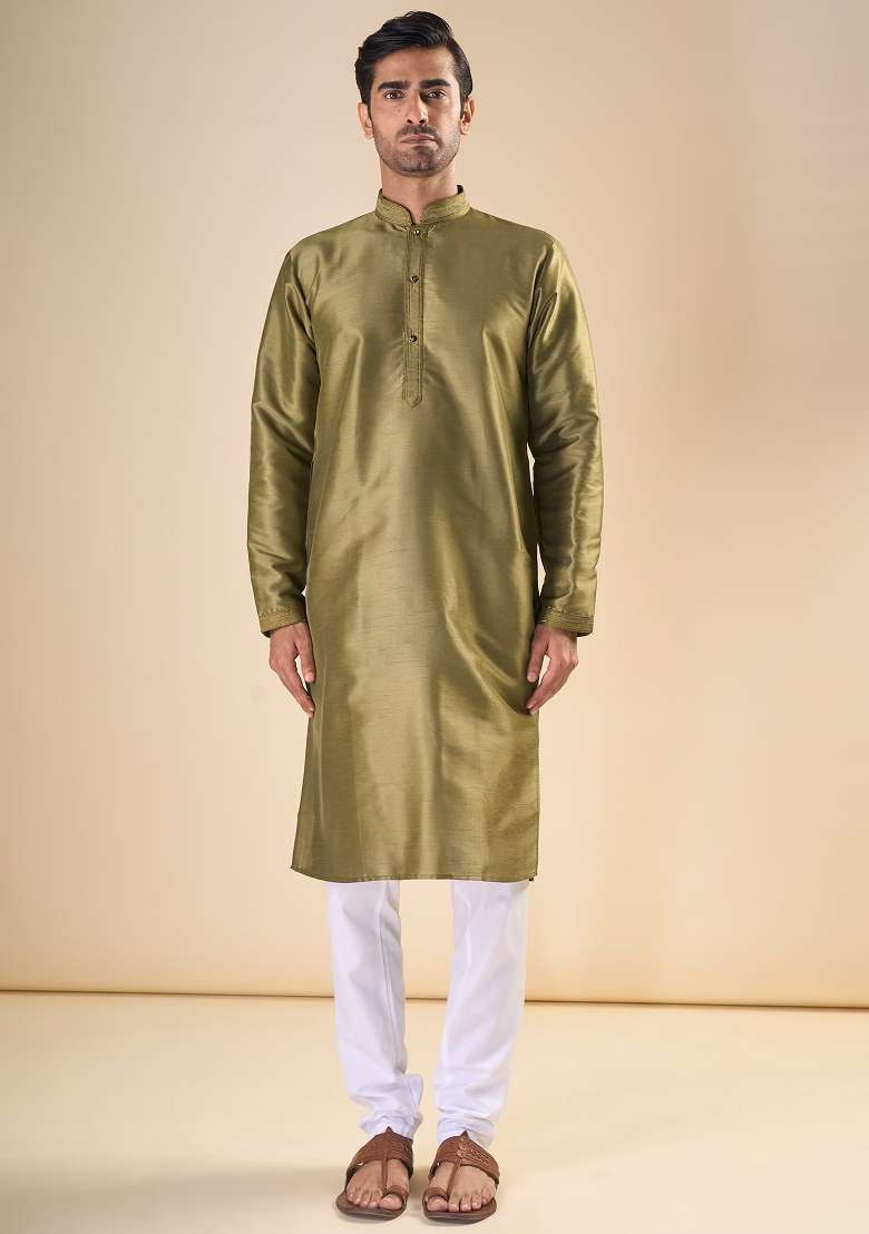 Mehandi Green Printed Silk Blend Kurta Set For Men - Indya