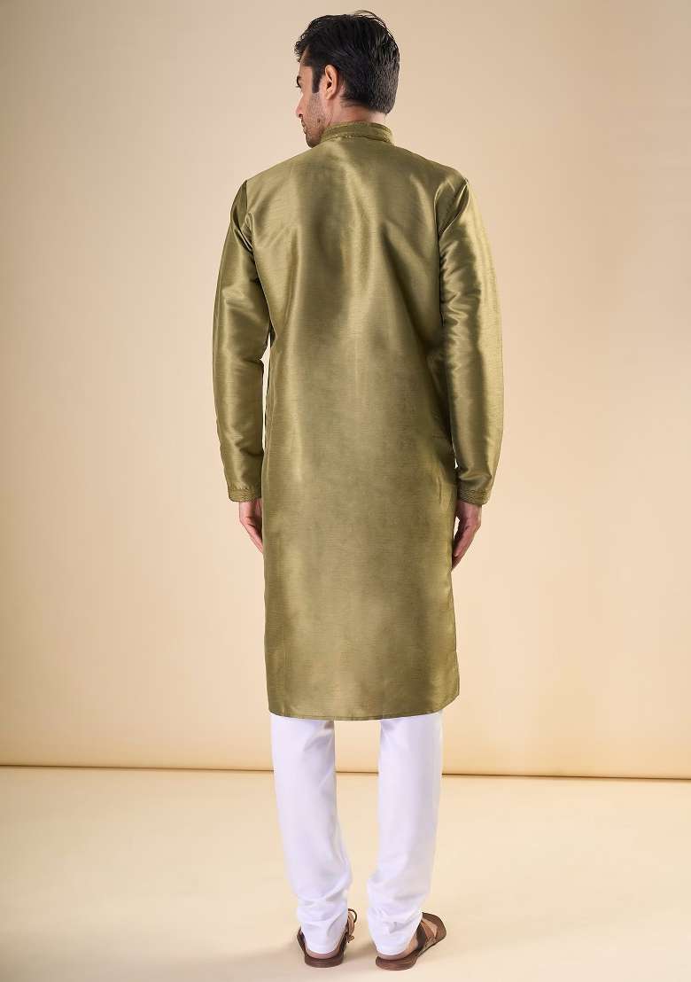 Mehandi Green Printed Silk Blend Kurta Set For Men - Indya