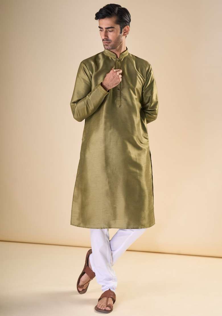 Mehandi Green Printed Silk Blend Kurta Set For Men - Indya