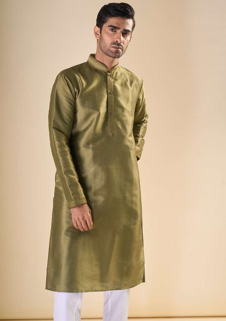 Mehandi Green Printed Silk Blend Kurta Set For Men - Indya