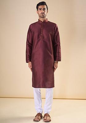 Red Printed Silk Kurta Set For Men