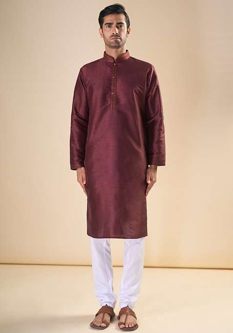Red Printed Silk Blend Kurta Set For Men