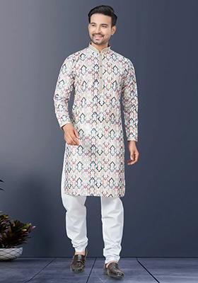 Cream Printed Cotton Kurta Set For Men