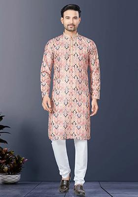 Peach Printed Cotton Kurta Set For Men