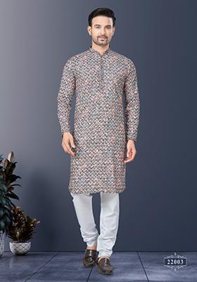 Black Embroidered Cotton Kurta Set For Men