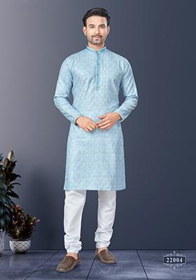 Sky Blue Printed Cotton Kurta Set For Men