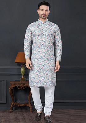 Blue Embroidered Cotton Kurta Set For Men