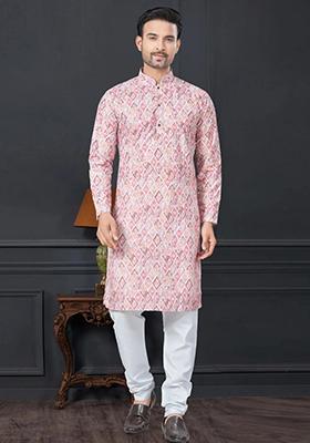Pink Embroidered Cotton Kurta Set For Men
