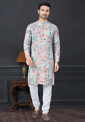 Blue Embroidered Cotton Kurta Set For Men