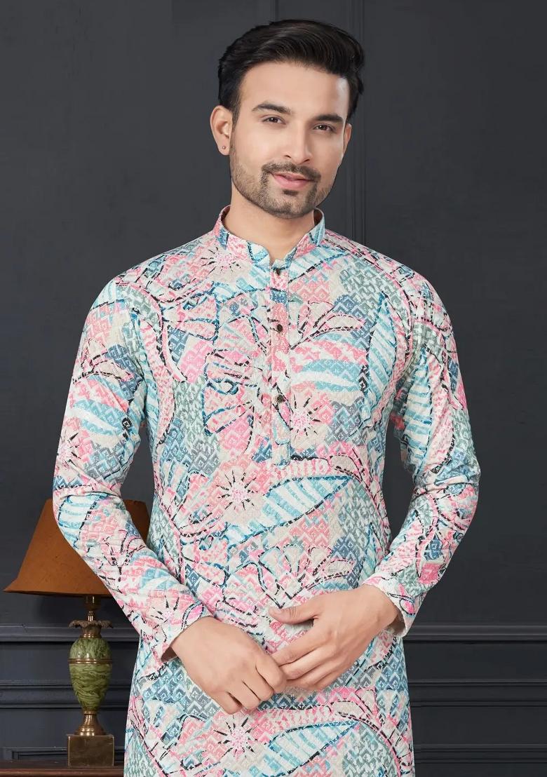 Blue Embroidered Cotton Kurta Set For Men - Indya