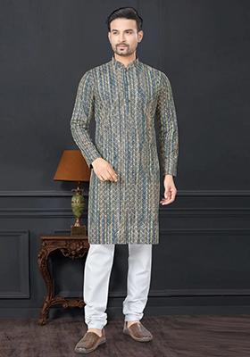 Grey Embroidered Cotton Kurta Set For Men