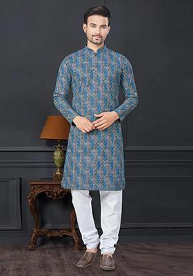 Blue Embroidered Cotton Kurta Set For Men