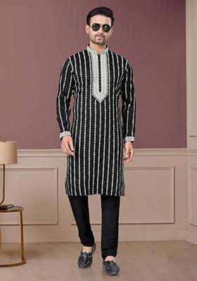Black Embroidered Cotton Kurta Set For Men