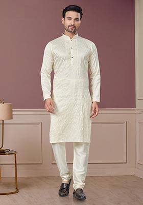 Cream Embroidered Cotton Kurta Set For Men