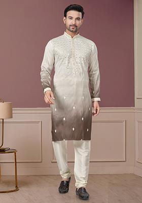 Cream Embroidered Cotton Kurta Set For Men