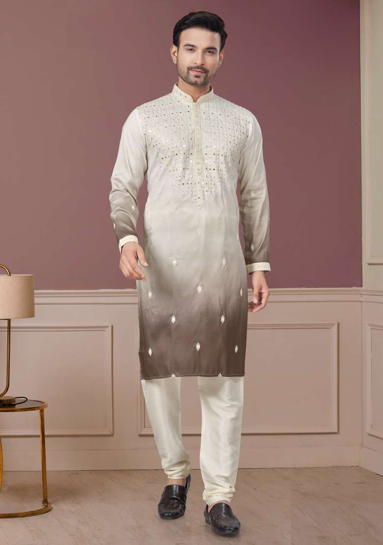 Cream Embroidered Cotton Kurta Set For Men - Indya